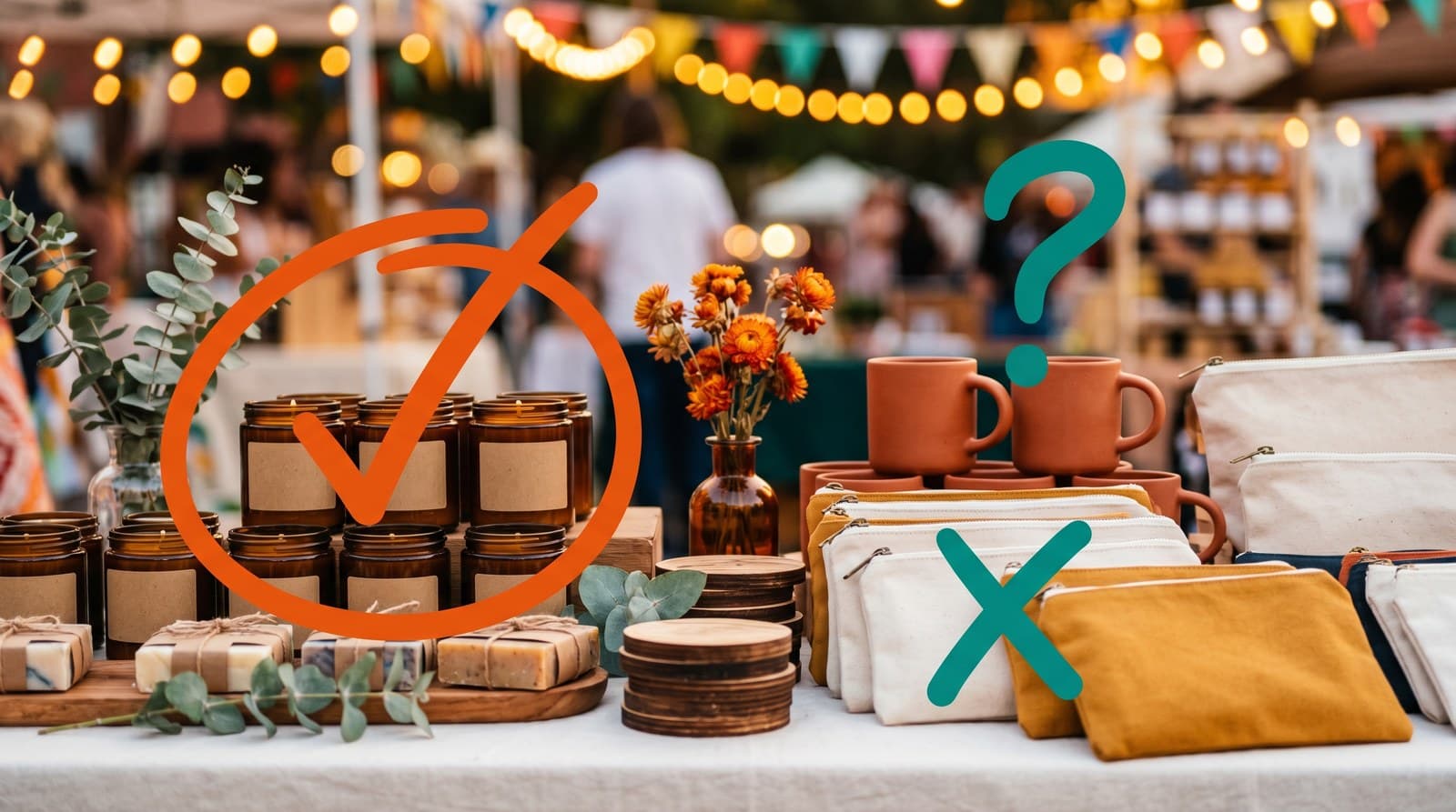 A craft fair table with hand-drawn marks grading each product: an orange check on the candles, a teal X on the pouches, and a question mark over the mugs.