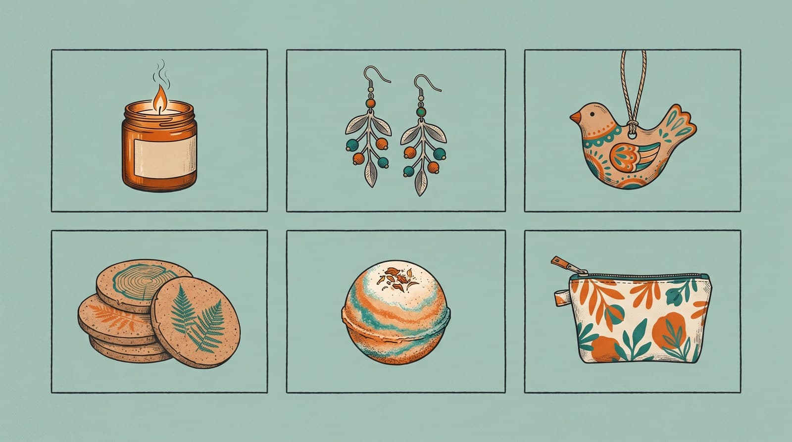 Field-guide style grid of typical craft fair bestsellers: a candle, earrings, an ornament, coasters, a bath bomb, and a zipper pouch.