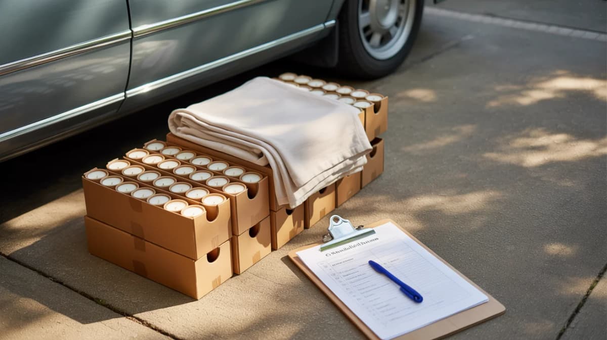 A craft fair booth setup with tent, tablecloths, display shelves, signage, and neatly packed bins ready for an event