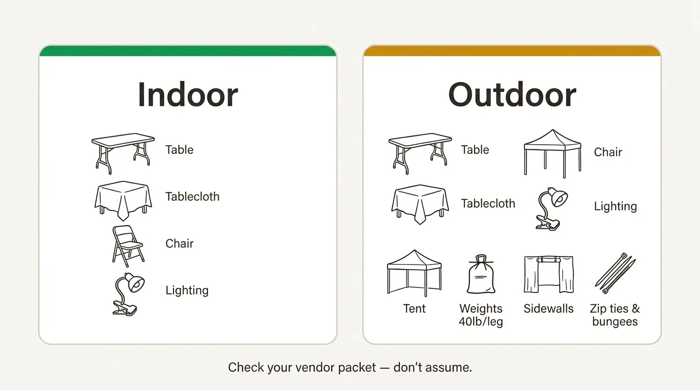 Side-by-side pack lists for indoor and outdoor craft fair events, showing which booth structure and shelter items are needed for each setting