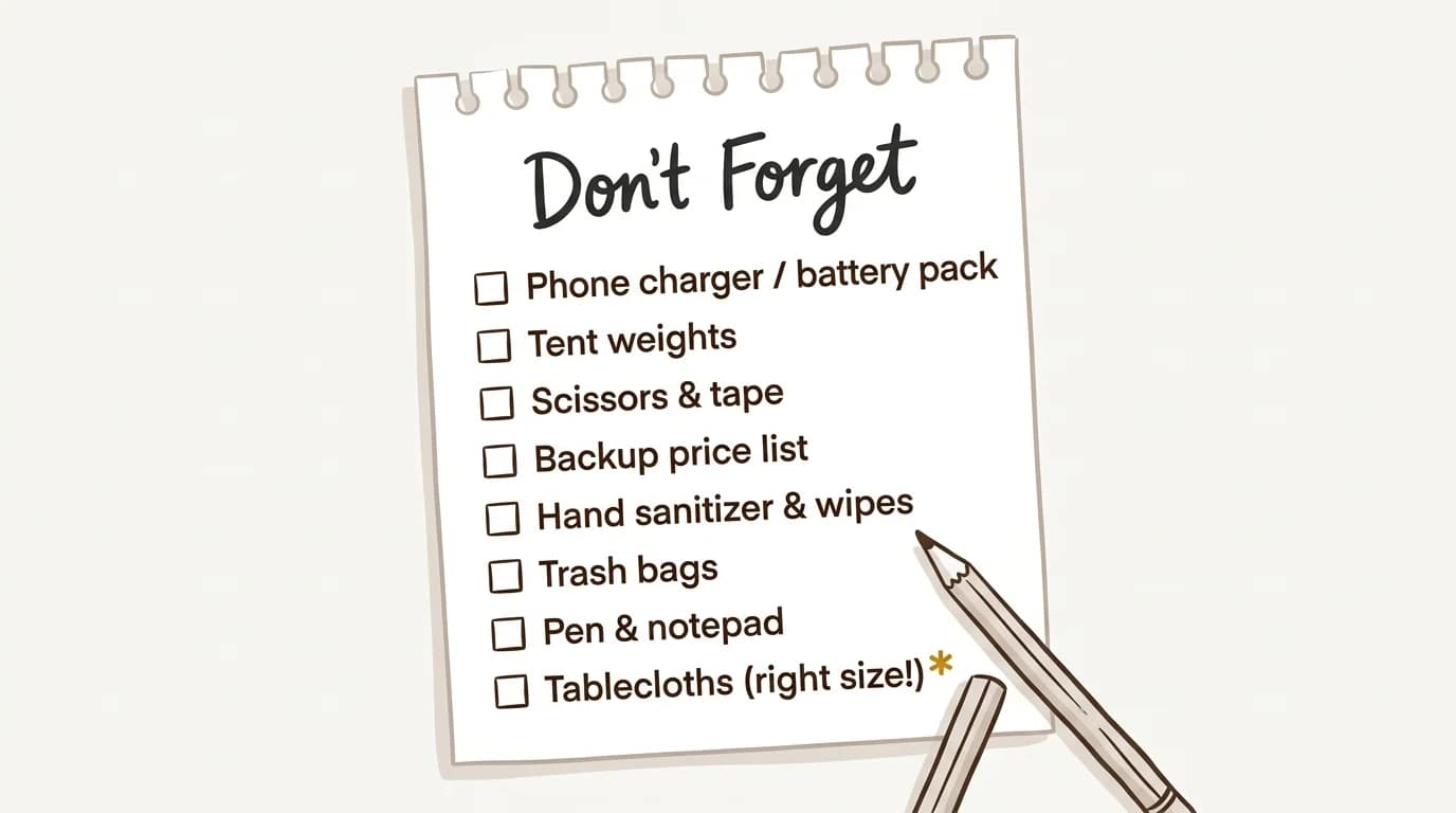 Sticky-note style checklist graphic titled Most Forgotten Items, listing phone charger, tent weights, scissors and tape, price list backup, hand sanitizer, trash bags, pen and notepad, and tablecloths, each with an empty checkbox