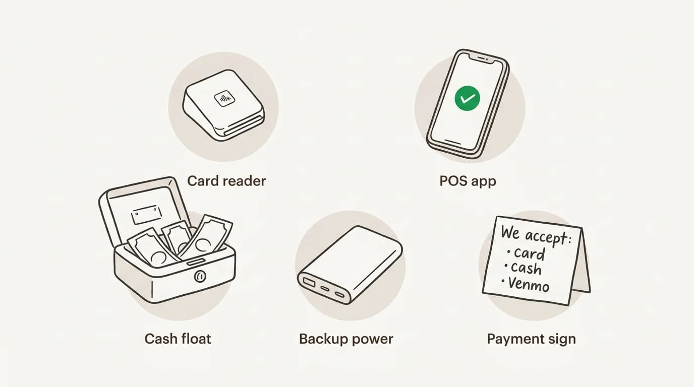 Flat lay of a craft vendor payment kit: card reader, phone with POS app, cash box, backup battery pack, and a payment methods accepted sign