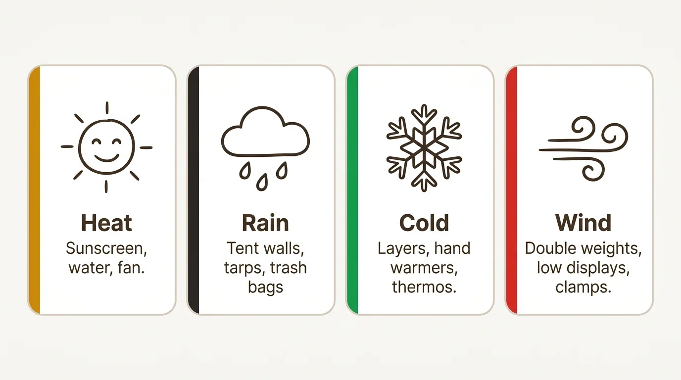 Four-panel weather prep reference: sun with sunscreen and water, rain cloud with tent walls and tarps, snowflake with layers and hand warmers, wind with extra tent weights
