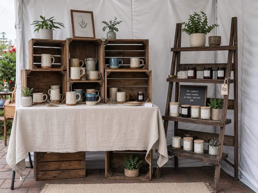Stacked crates and a ladder shelf lifting products into the eye-level band inside a craft booth
