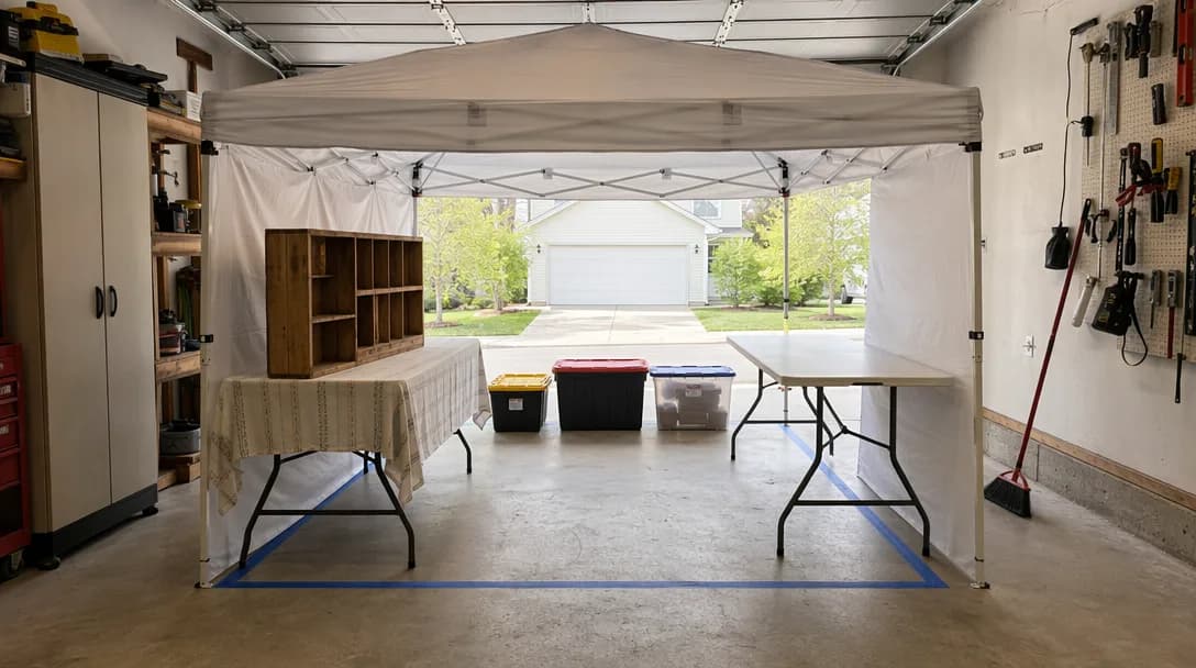 A booth test setup at home before the event, tables arranged inside a taped-out 10x10 square