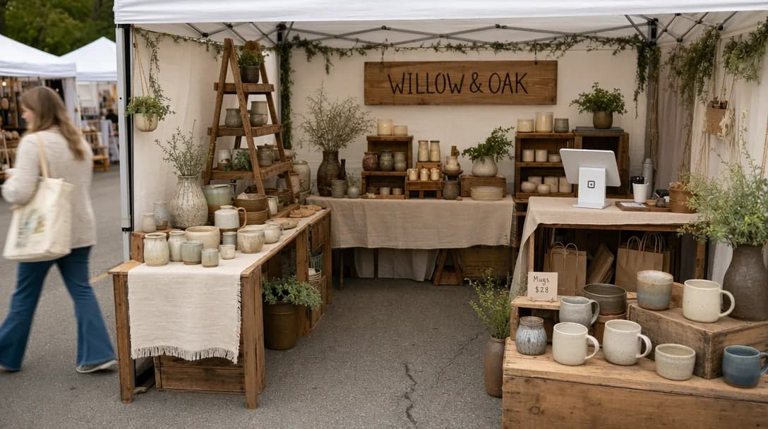 Overhead diagram of a 10x10 craft fair booth with tables, shelves, and a checkout station marked