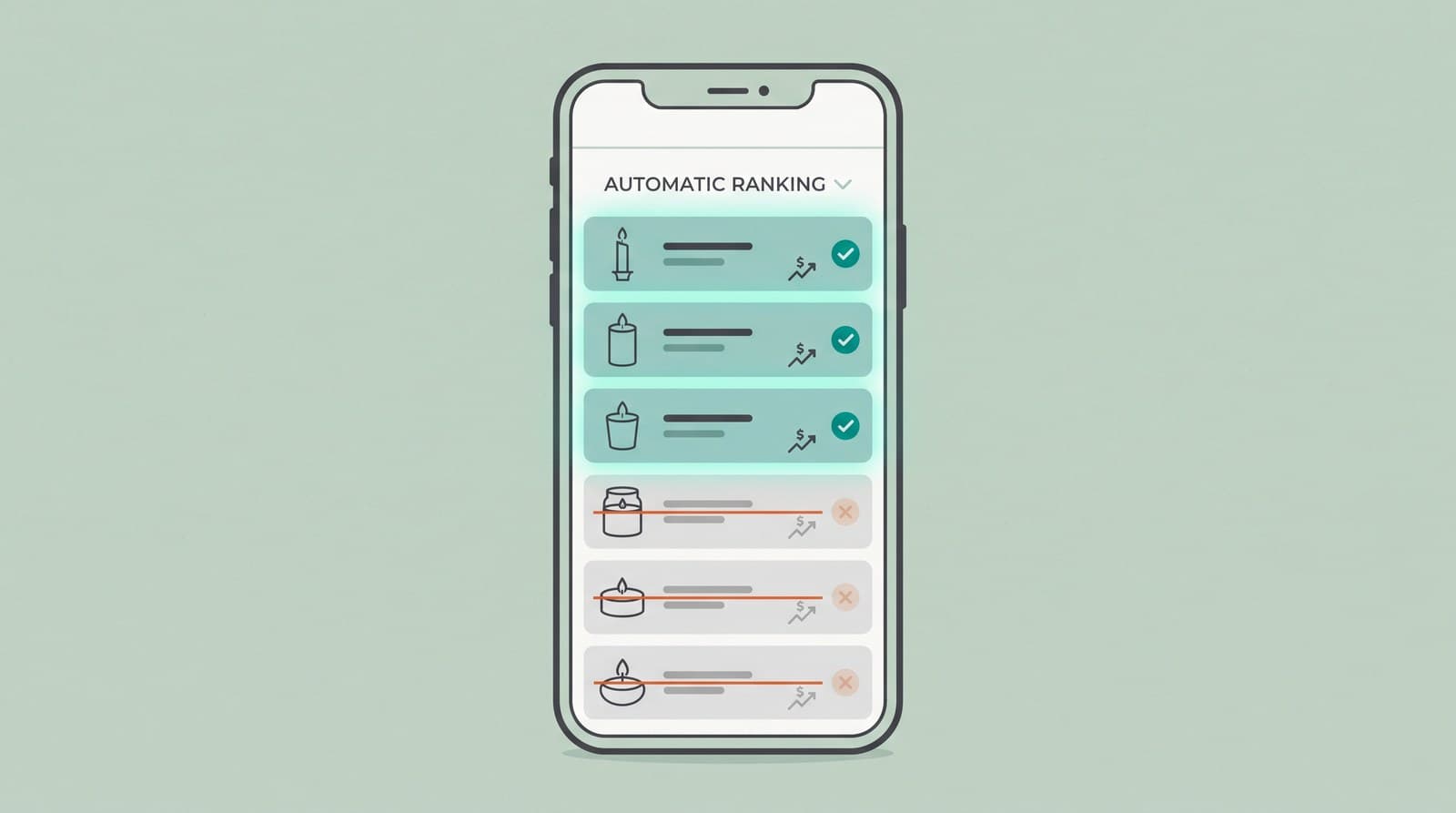 A prep sheet automatically ranking products by priority, top ones highlighted to make and low ones grayed out.