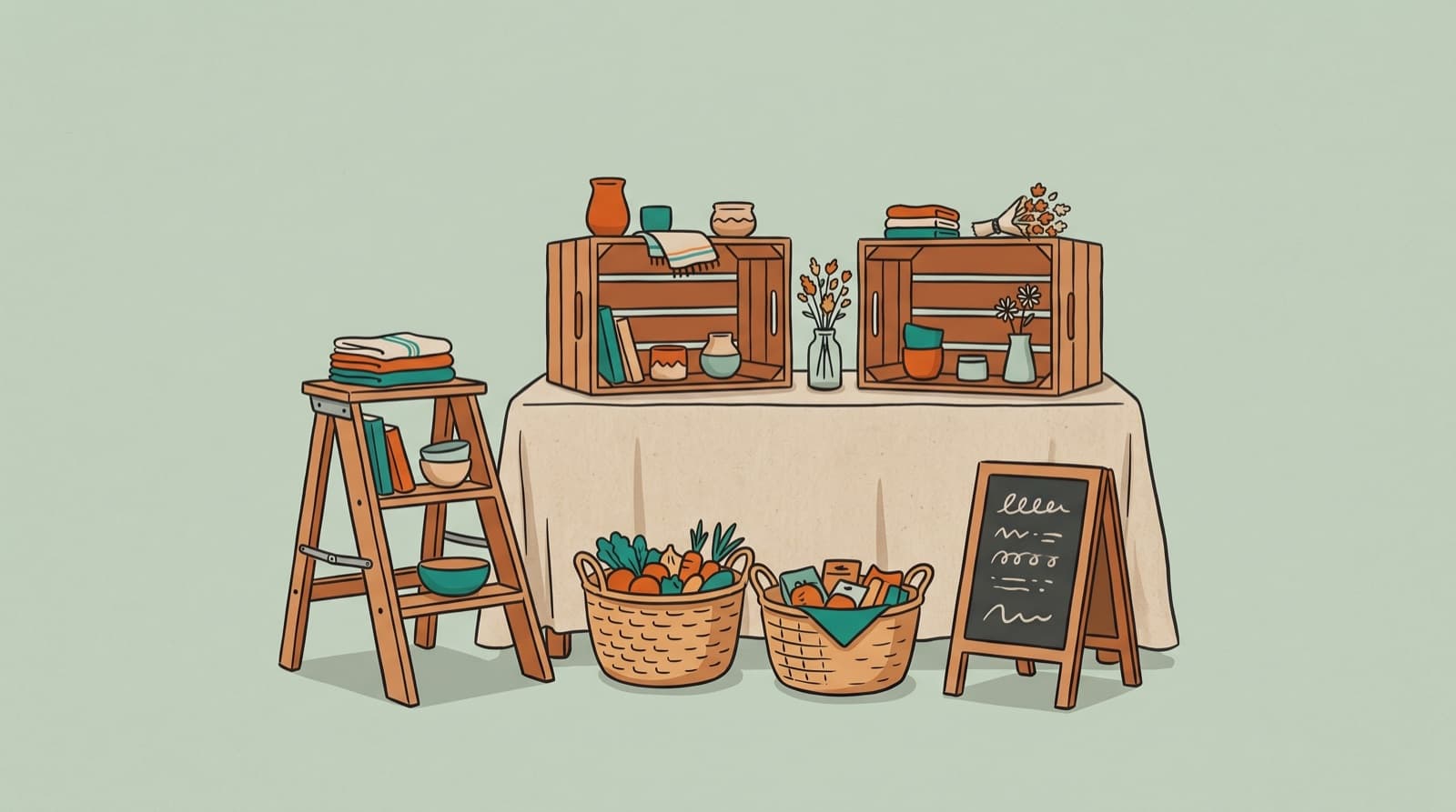 An illustration of budget booth display pieces: flipped crates, baskets, a chalkboard sign, and a step stool.