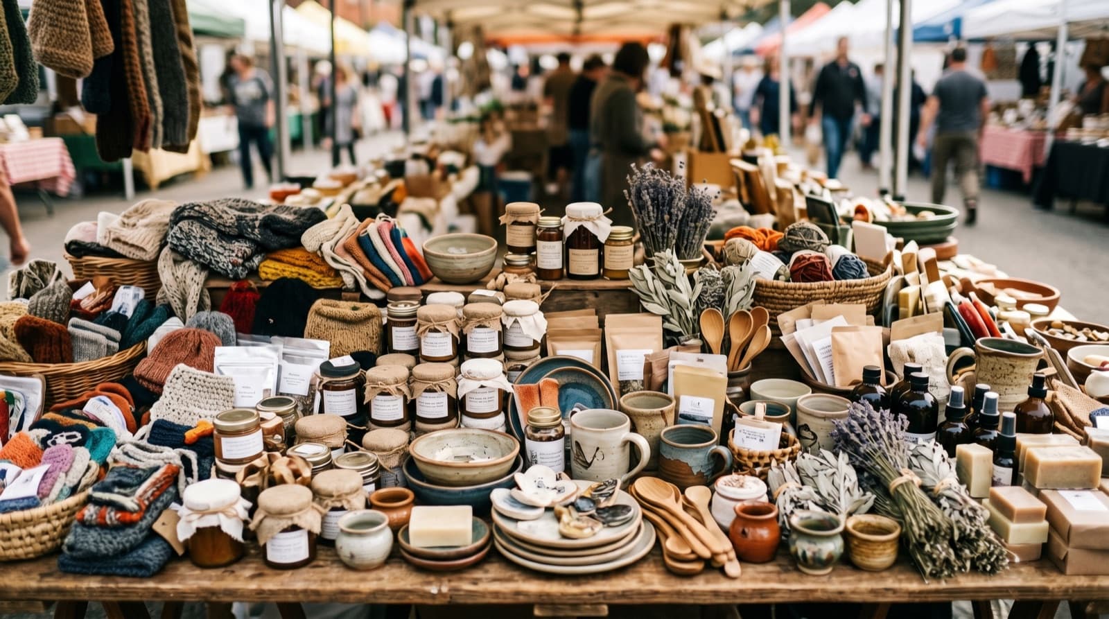 An overcrowded market table packed edge to edge with products competing for attention.