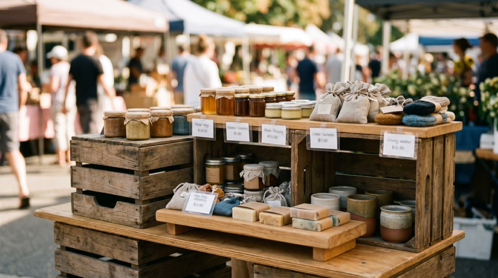 A market table corner using stacked crates and a riser to display grouped products at eye level with price cards.