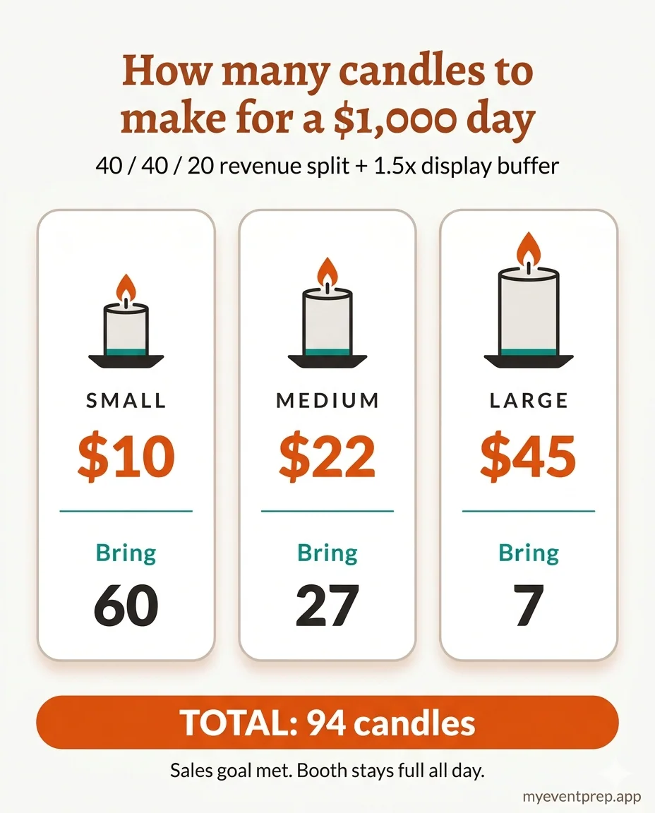 Infographic showing a worked example: small candles at $10 bring 60, medium at $22 bring 27, large at $45 bring 7, totaling 94 candles for a $1,000 sales day