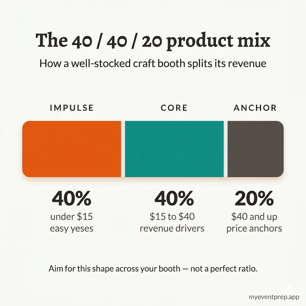 Horizontal bar split into three segments showing the 40/40/20 revenue mix: 40% impulse items under $15, 40% core products from $15 to $40, and 20% anchor pieces $40 and up