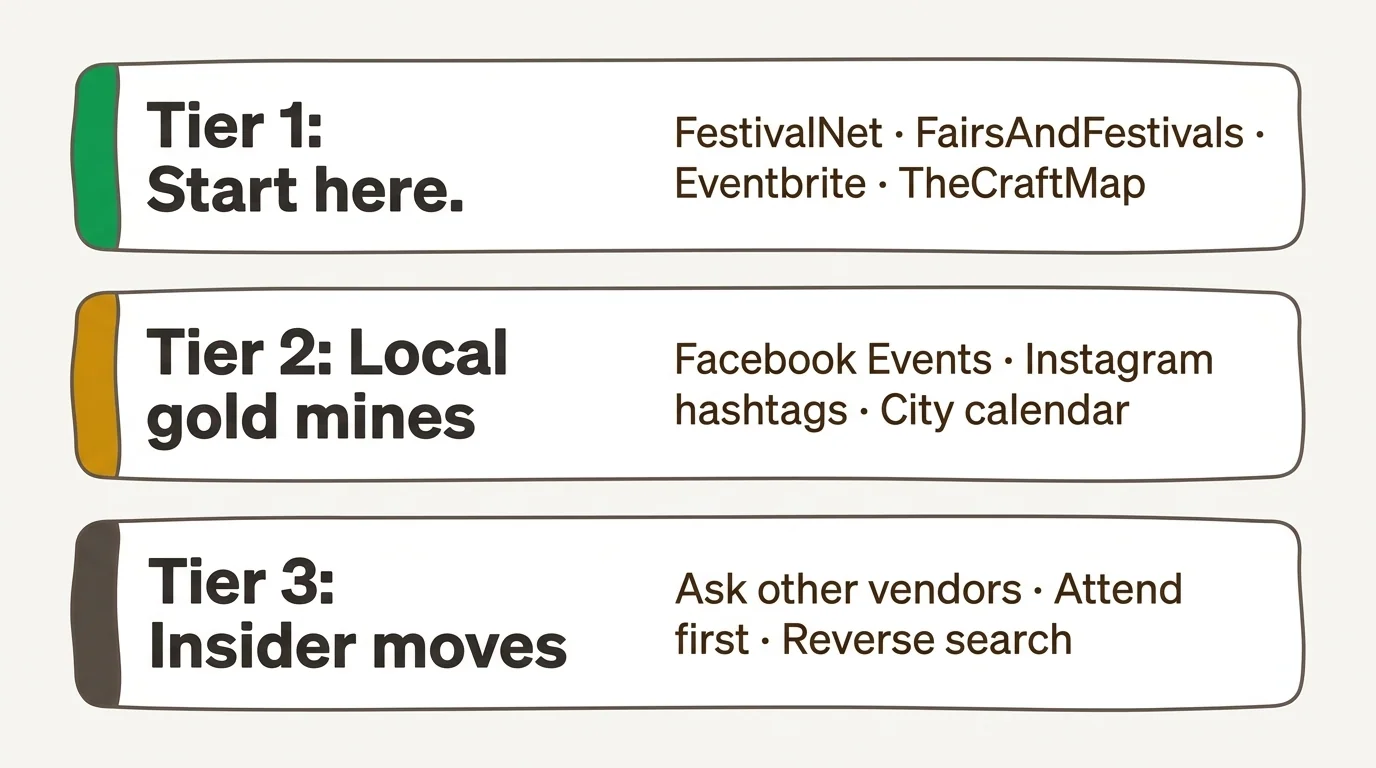 Three-tier ranking of craft fair sources: Tier 1 (FestivalNet, FairsAndFestivals, Eventbrite, TheCraftMap), Tier 2 (Facebook Events, Instagram hashtags, City calendar), Tier 3 (Ask other vendors, Attend first, Reverse search)