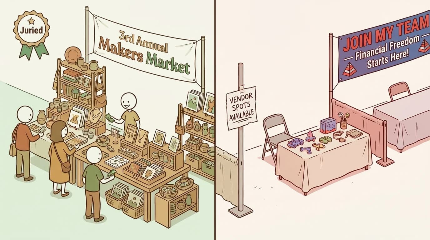 Side-by-side illustration: a juried Makers Market with a crowd of shoppers and curated booths on the left, and a non-juried show with empty chairs, a Join My Team MLM banner, and scattered products on the right