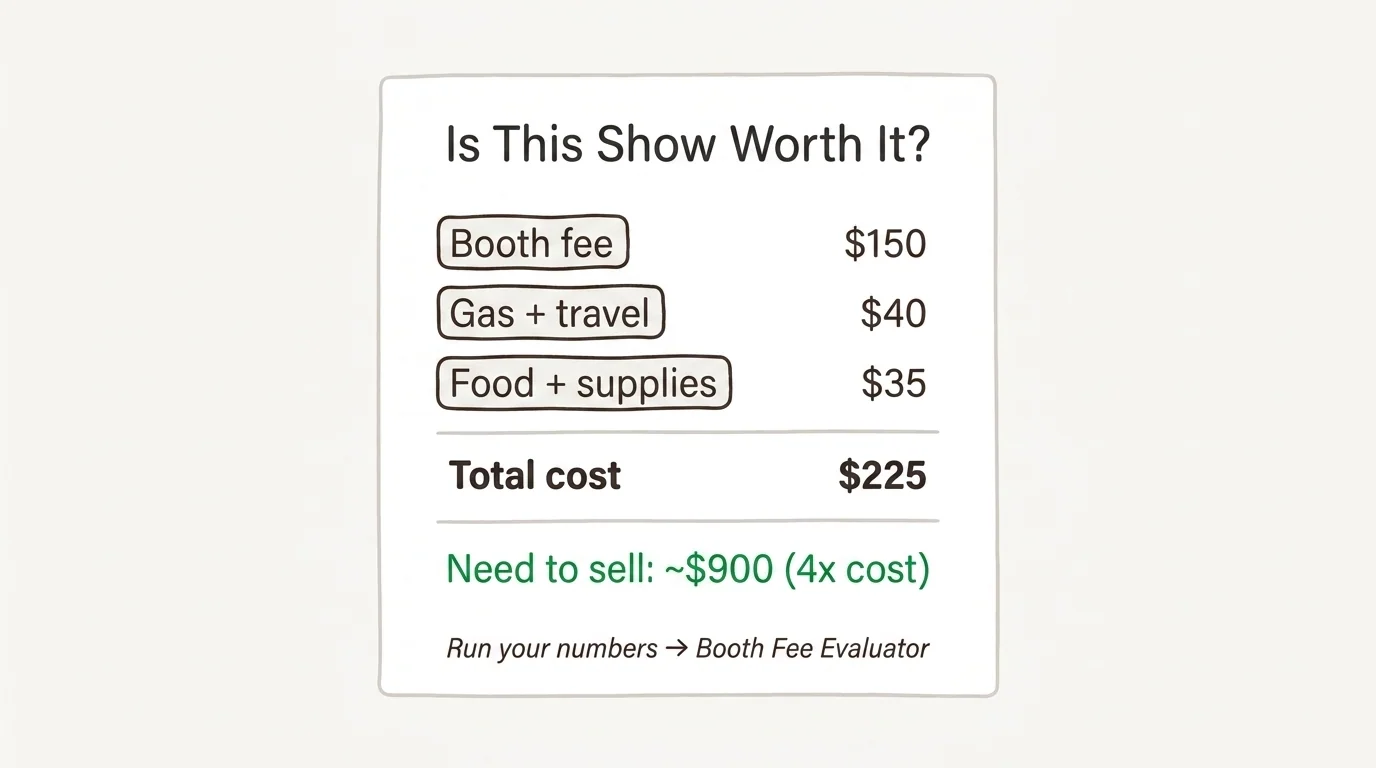 A quick-math card titled Is This Show Worth It showing booth fee $150, gas and travel $40, food and supplies $35, total cost $225, and the result: need to sell about $900 (4x cost) with a link to the Booth Fee Evaluator