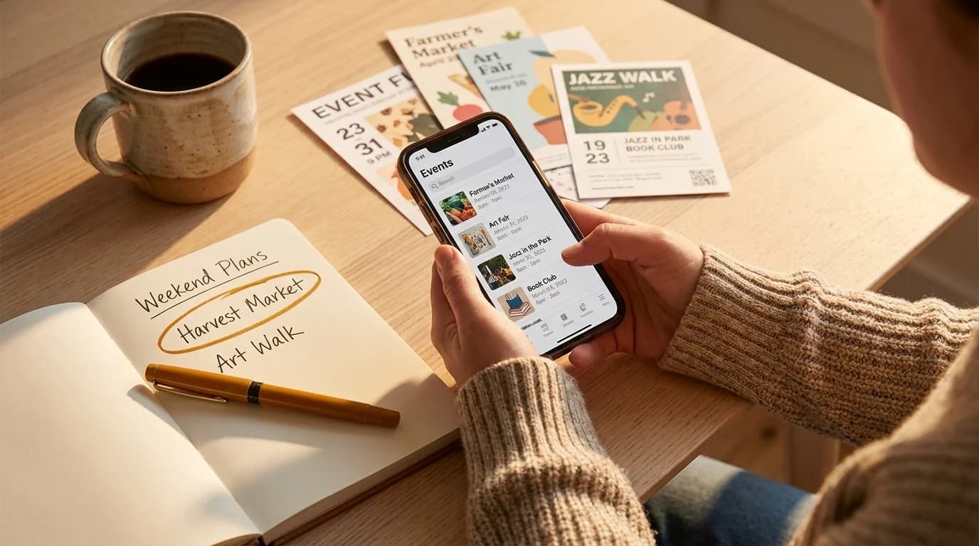 A person browsing craft fair events on their phone at a desk with event flyers, a coffee mug, and a notebook with weekend plans
