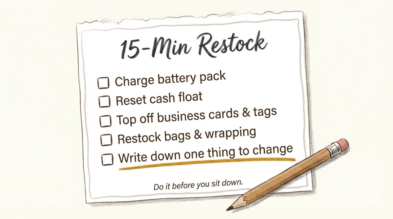 Torn-paper checklist titled 15-Min Restock with five items: charge battery pack, reset cash float, top off business cards and tags, restock bags and wrapping, write down one thing to change