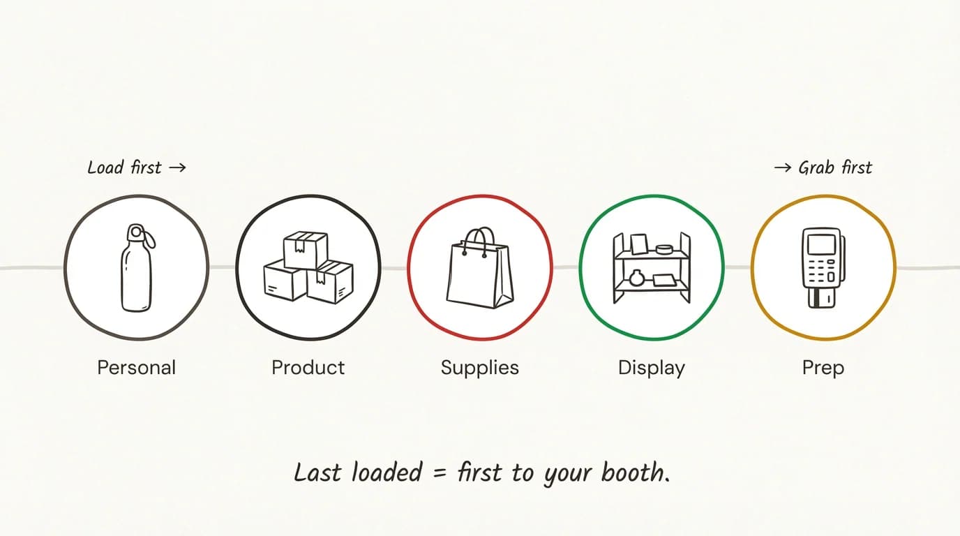 Five icons in loading order from left to right — Personal, Product, Supplies, Display, Prep — with arrows showing load first on the left and grab first on the right