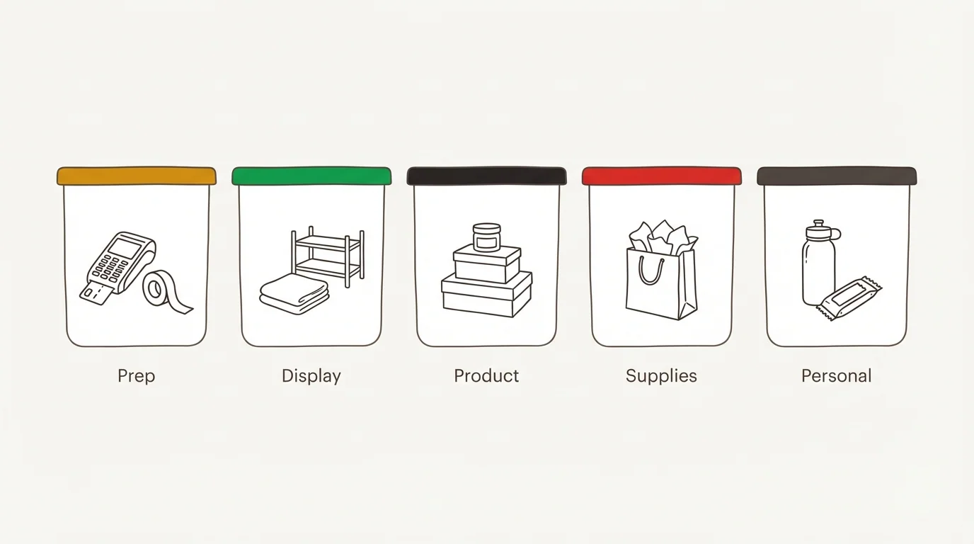 Illustrated overview of five craft fair bins — Prep, Display, Product, Supplies, and Personal — each shown with an icon representing its contents