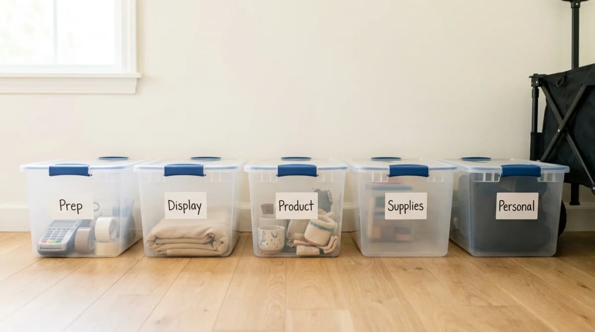 Five labeled clear bins — Prep, Display, Product, Supplies, Personal — lined up on a wood floor next to a collapsible wagon, ready to load for a craft fair