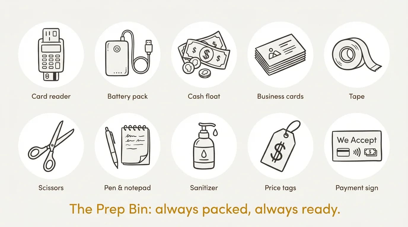 Grid of ten illustrated prep bin essentials: card reader, battery pack, cash float, business cards, tape, scissors, pen and notepad, sanitizer, price tags, and payment sign