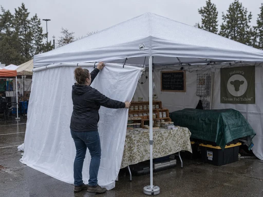 A vendor deploying a canopy sidewall in the rain, product bins tarped over at the back of the booth
