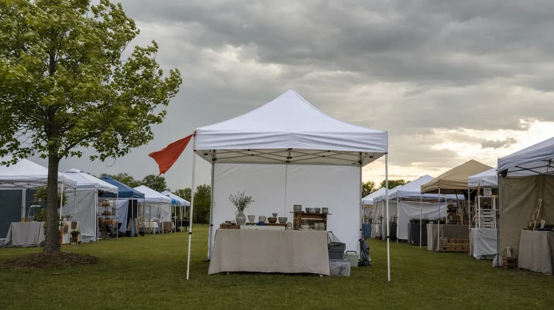 A white pop-up canopy booth on grass at an outdoor craft fair, an orange flag flying beside it and storm clouds gathering overhead