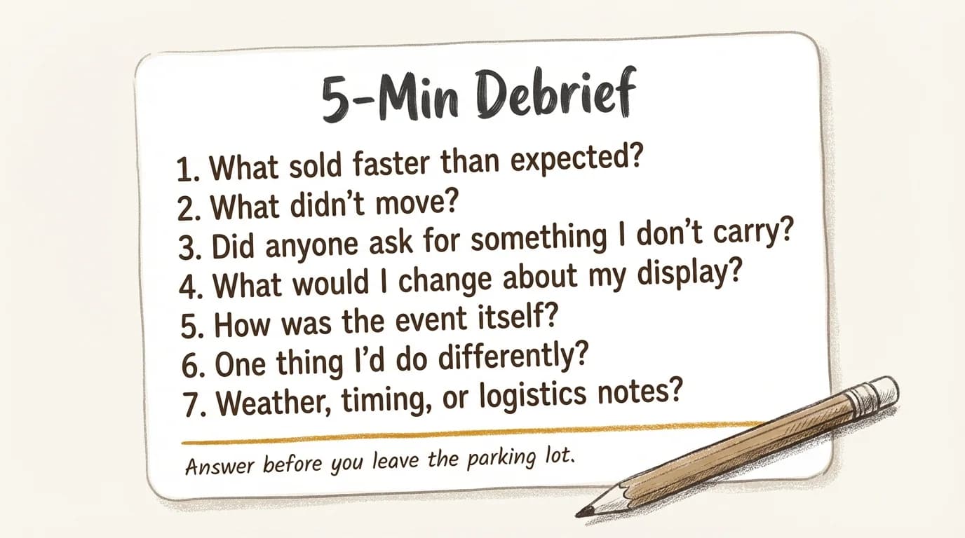 Torn-paper style checklist titled 5-Min Debrief listing all seven questions: what sold faster than expected, what didn't move, customer requests, display changes, event quality, one thing to change, and weather or logistics notes