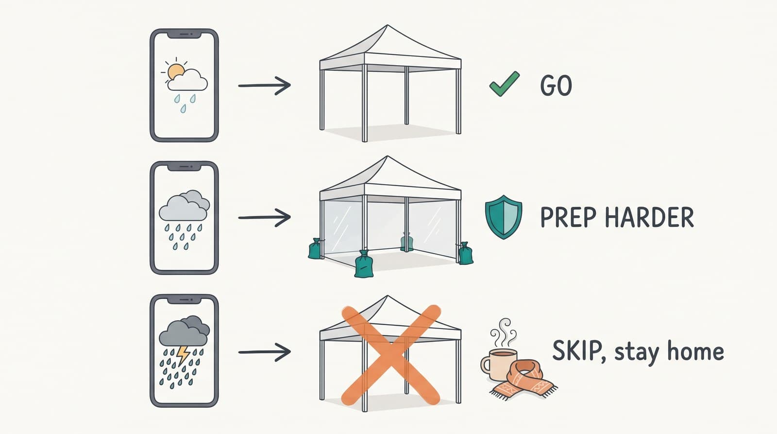 A rainy forecast branching into three options: go as normal, prep the booth harder, or skip and stay home.
