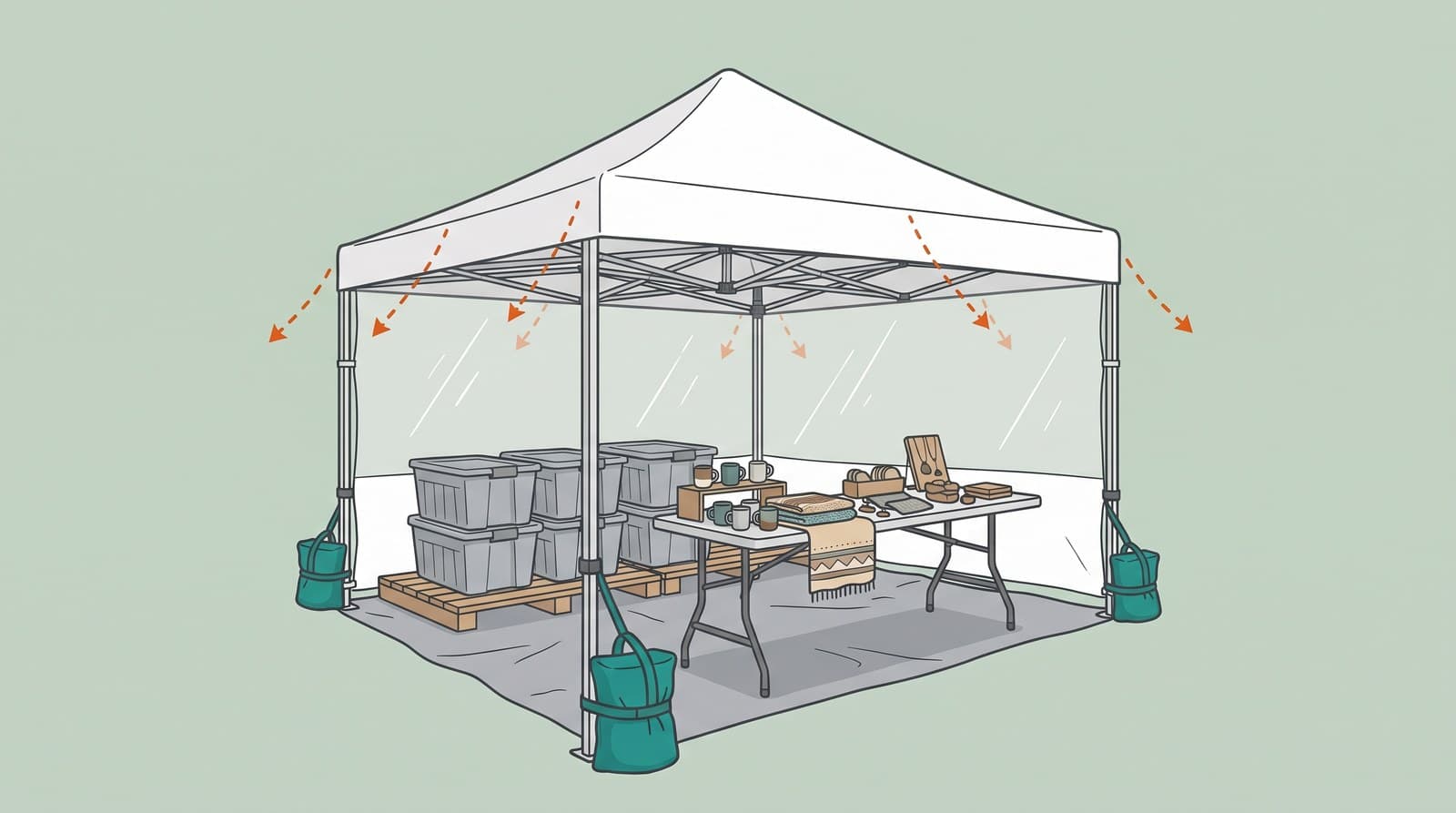 A side view of a rain-ready booth: weighted canopy with sidewalls, goods under cover, lidded bins raised off the ground, water running off the edges.
