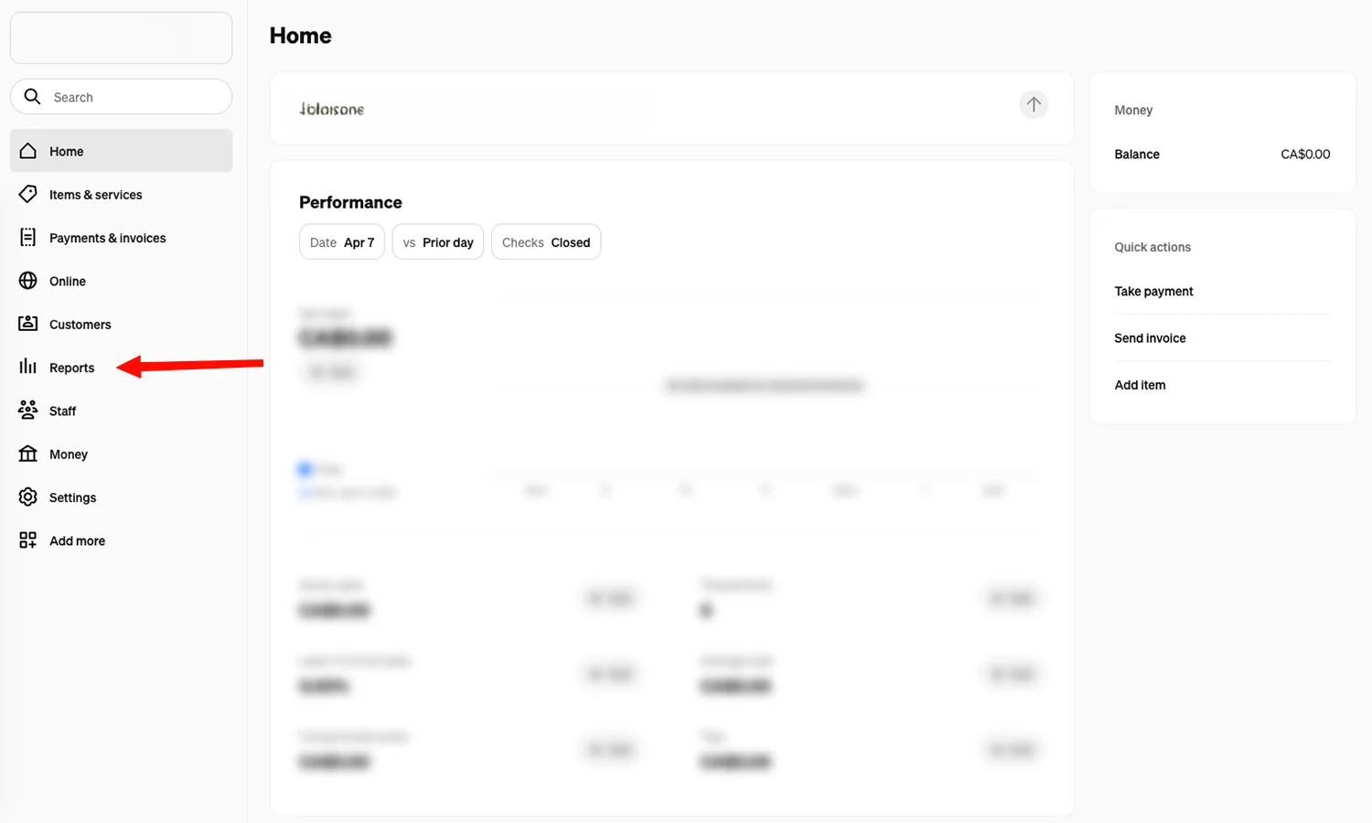 Square Dashboard sidebar with the Reports menu item highlighted