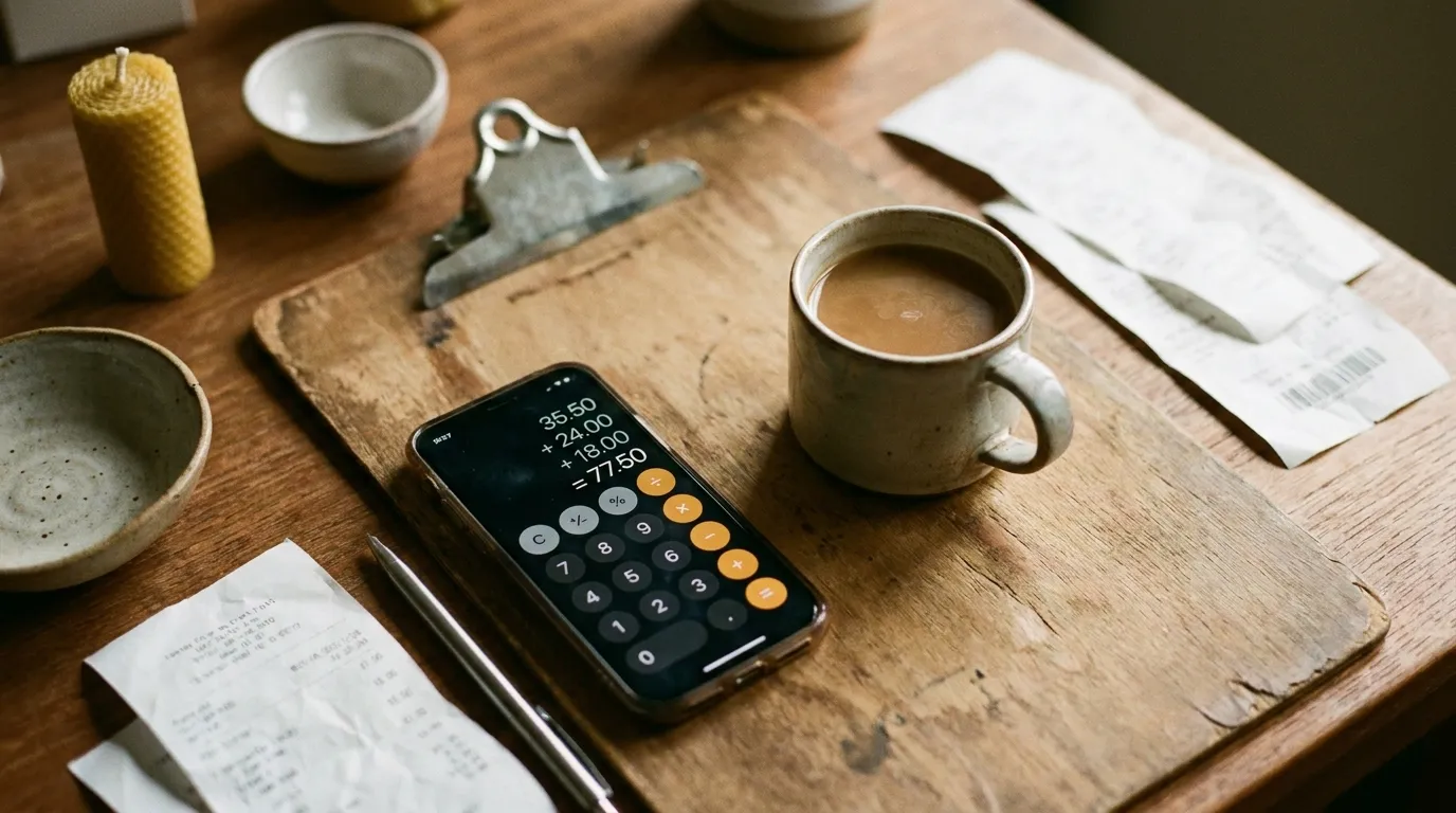 A vendor reviewing craft fair sales numbers on their phone with a calculator and receipts spread on a table
