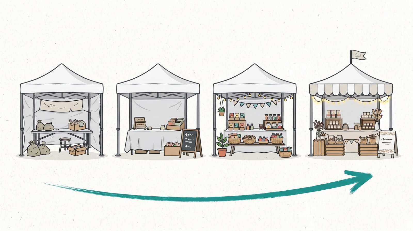 A sequence of the same booth improving from a sparse first setup to a refined, well-stocked tenth, with an upward arrow.