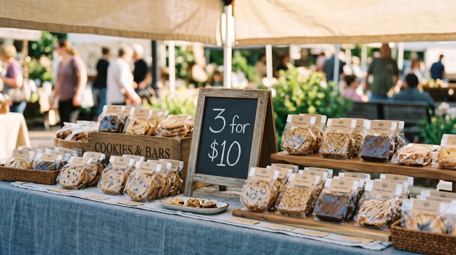 A fresh baked-goods market display of clear-bagged cookies and bars with a 3 for $10 chalkboard sign.