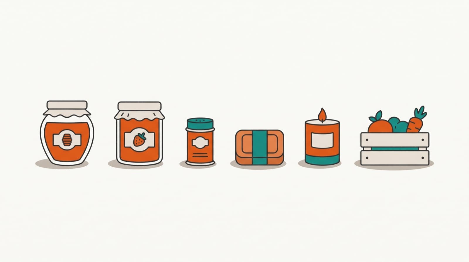 An illustrated lineup of high-margin market goods: honey, jam, spice blend, soap, candle, and produce.