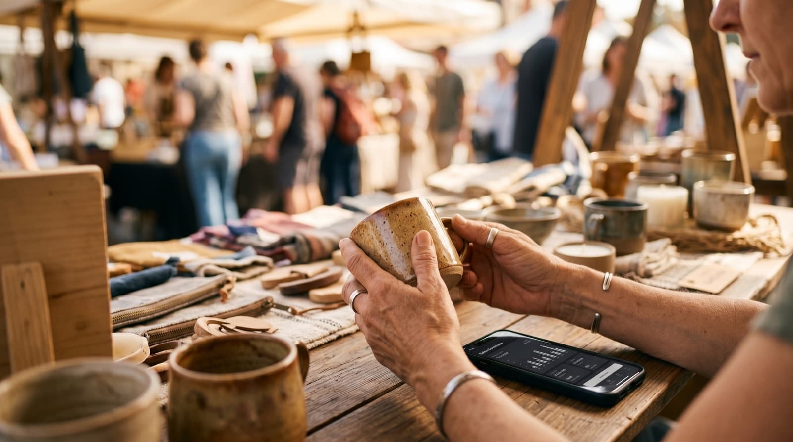 A maker comparing a product against a simple sales summary on a phone at the market table.