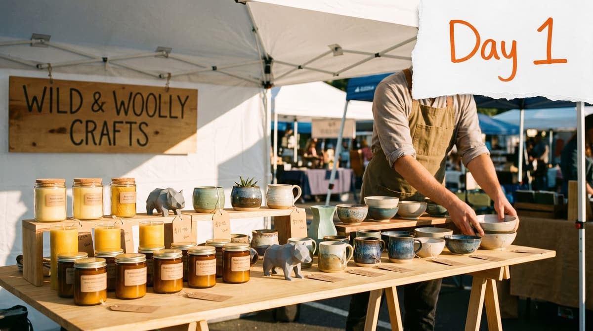 A first-time vendor setting up a tidy handmade craft fair booth on opening morning, with a hand-drawn Day 1 note.