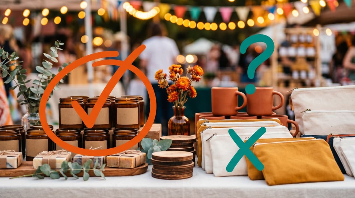 A craft fair table with hand-drawn marks grading each product: an orange check on the candles, a teal X on the pouches, and a question mark over the mugs.