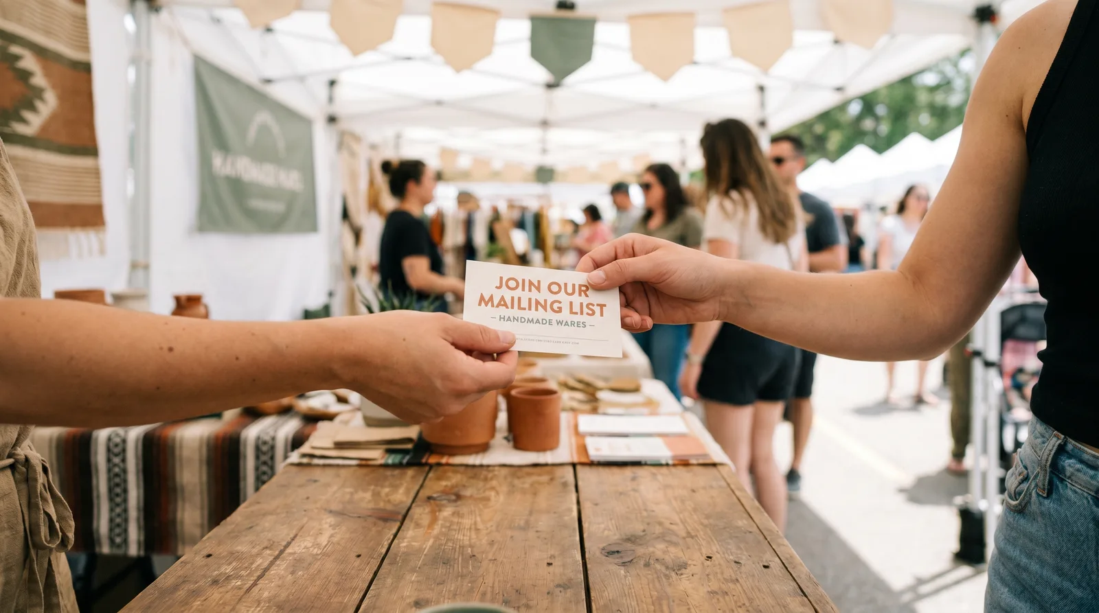 Vendor handing a 'Join Our Mailing List' card to a customer across a wooden craft fair table, with shoppers and other booths blurred behind