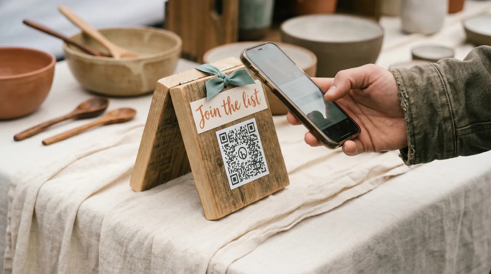 A small wooden tabletop sign reading 'Join the list' with a QR code below it, sitting on a linen-draped pottery booth table while a customer scans it with their phone