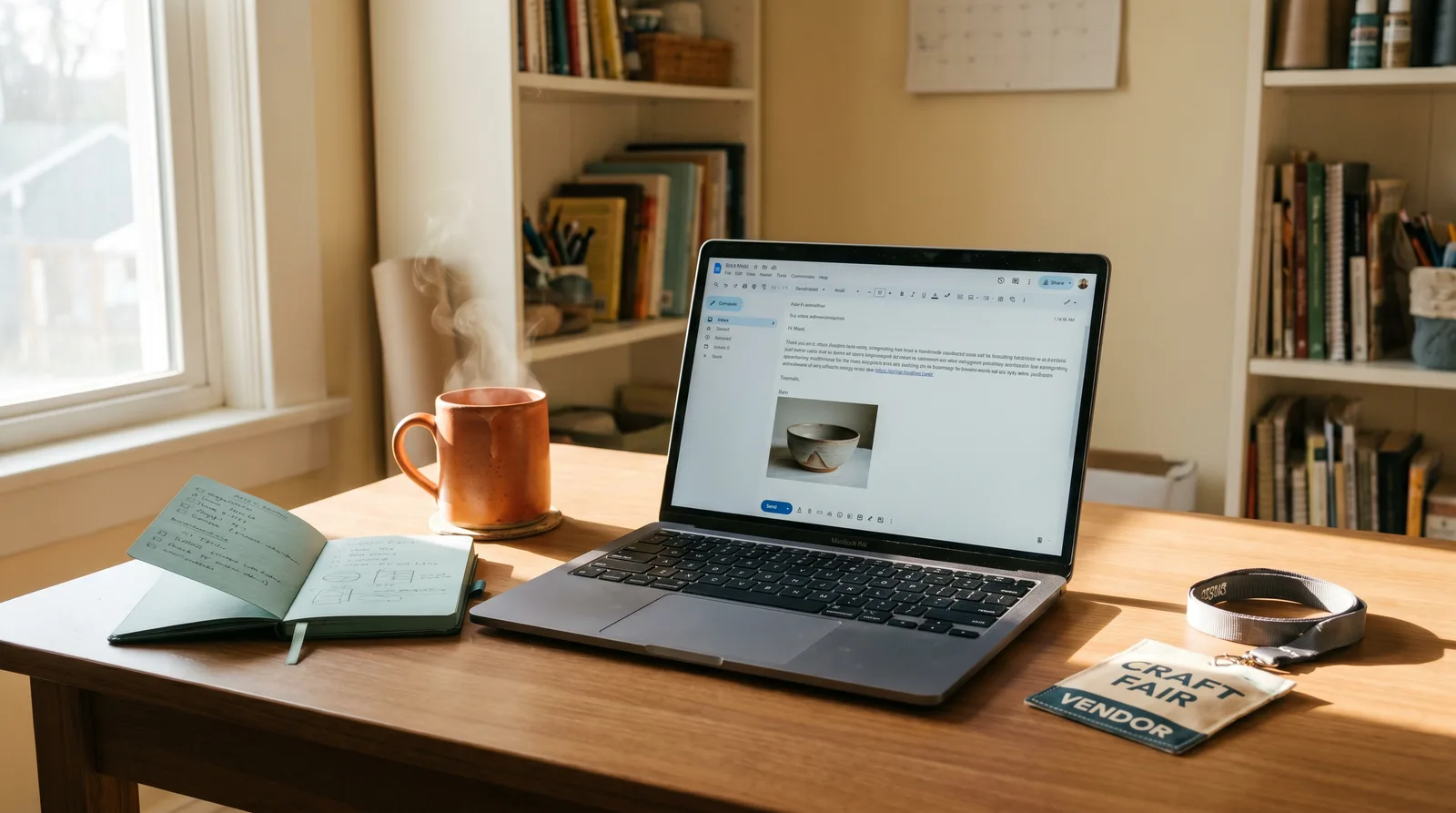 A laptop on a sunlit wooden desk drafting a follow-up email with a product photo, beside a steaming mug, an open notebook of show notes, and a craft fair vendor badge on a lanyard