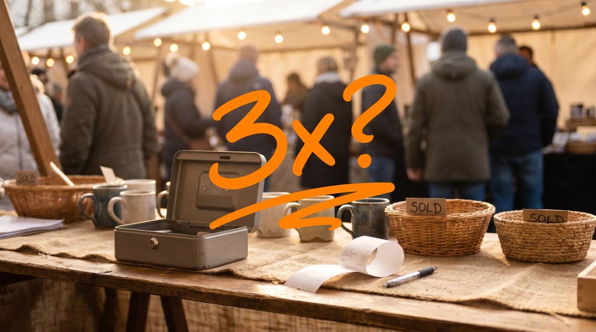 A craft fair table with a cash box and receipt, with a hand-drawn 3x question over it, asking what it takes to break even.