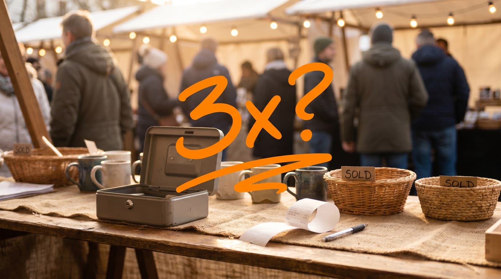 A craft fair table with a cash box and receipt, with a hand-drawn 3x question over it, asking what it takes to break even.