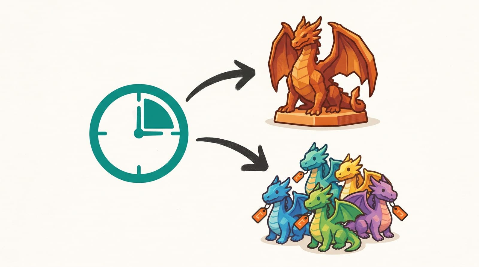 One large 3D-printed dragon marked with a clock beside a group of small dragons with price tags, showing labor cost versus faster sales.