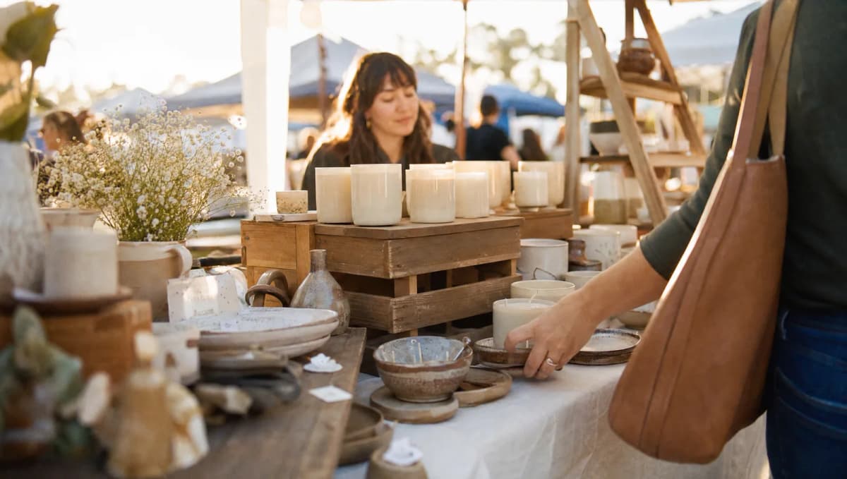 A handmade ceramics booth at an outdoor market with stacked candles on a wooden crate riser, neutral linen tablecloth, and a shopper reaching toward a small bowl