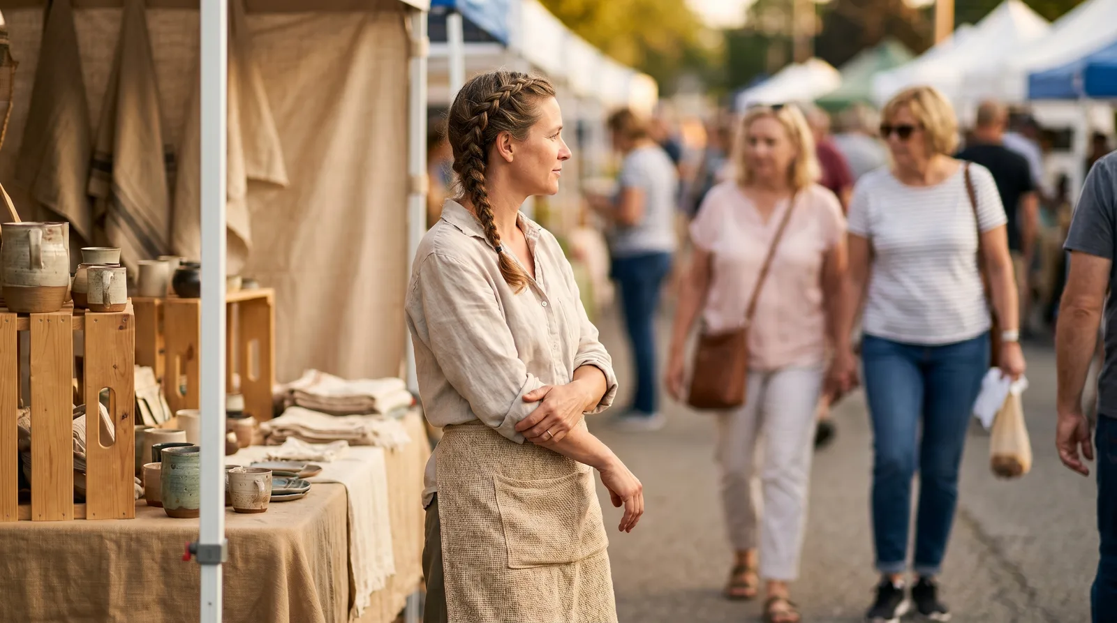 A vendor stands at the edge of her booth in a linen apron, watching shoppers walk past — her table draped in neutral linen with wooden crates and pottery, the warm-neutral palette letting the products stay the focal point