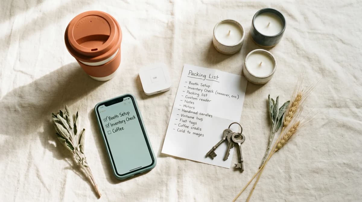 Linen-topped flat lay with a phone showing a short morning checklist, a takeaway coffee cup, two candles, a paper packing list, keys, and sprigs of sage and wheat