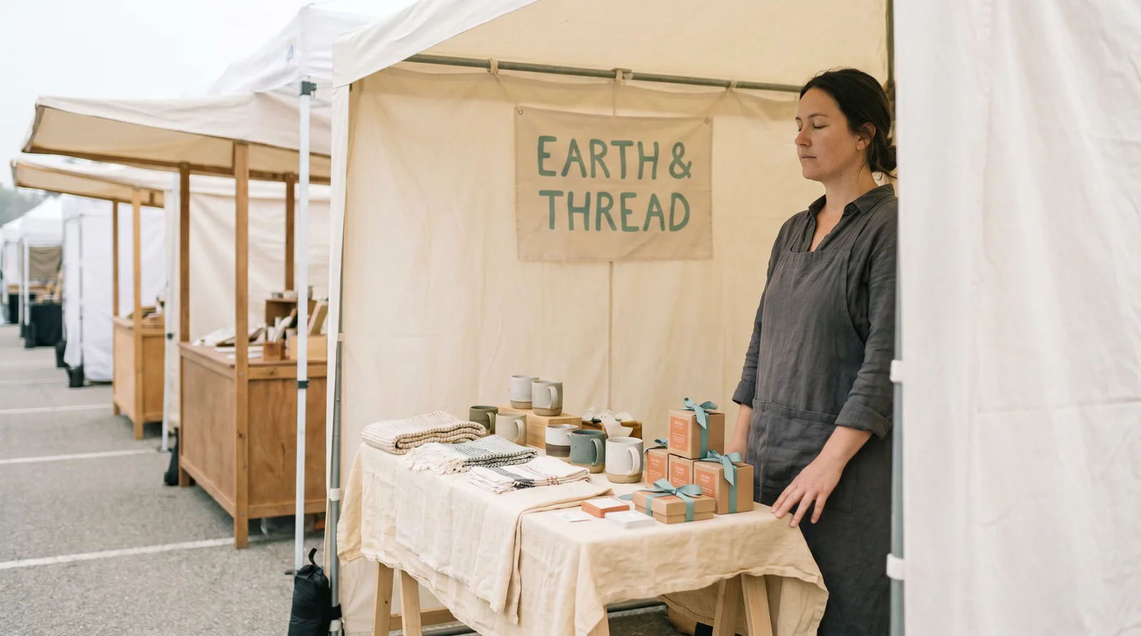 A vendor in a linen apron stands beside her finished booth under a tent with an Earth and Thread cloth banner, eyes closed, taking a quiet breath before doors open