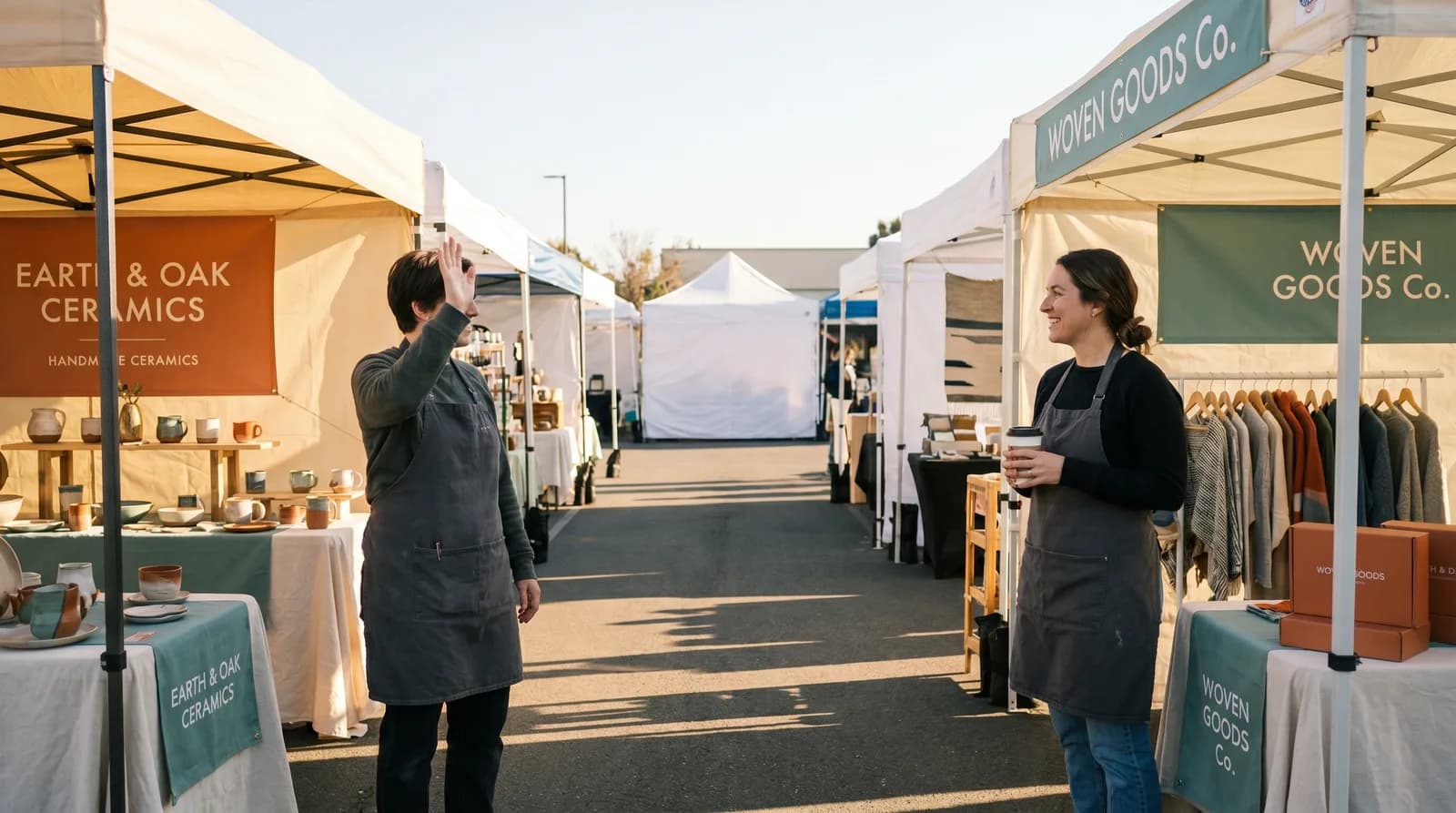 Two craft fair vendors in aprons greeting each other across an aisle of pop-up tents at golden hour before the show opens, one holding a coffee cup