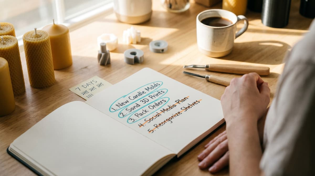 A maker's priority list a week before a craft fair, top items circled to make and lower items crossed out to cut, beside a 7-day countdown note.